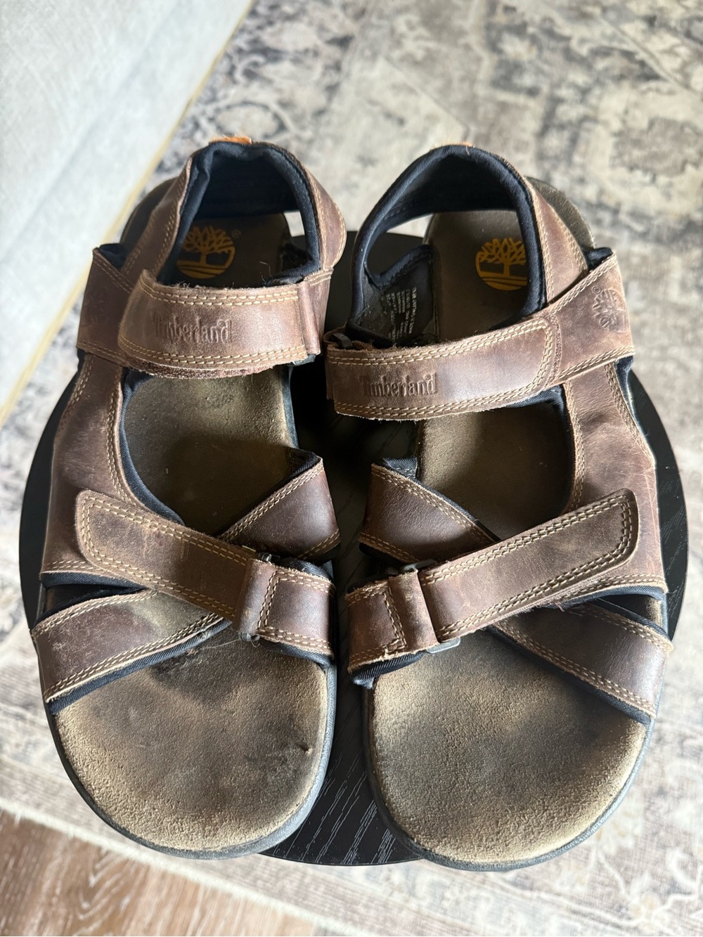 Timberland Mens 11M Brown Leather Sandals Hiking Strappy Flat #38526 Hook Loop